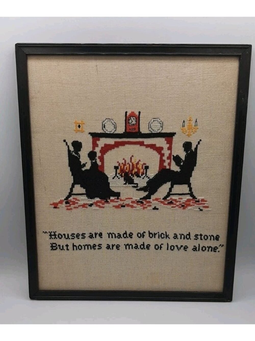 Vintage Cross Stitch Sampler Framed - Houses are made of brick and stone